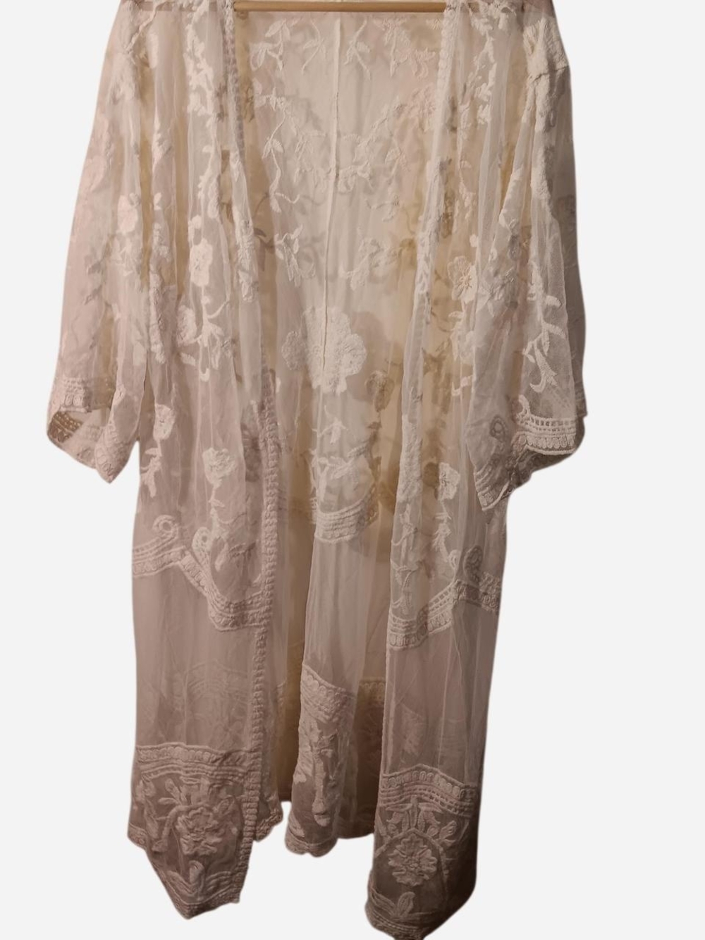 ADIVA - Sheer Floral Embroidered Kimono Robe - Cream - Large